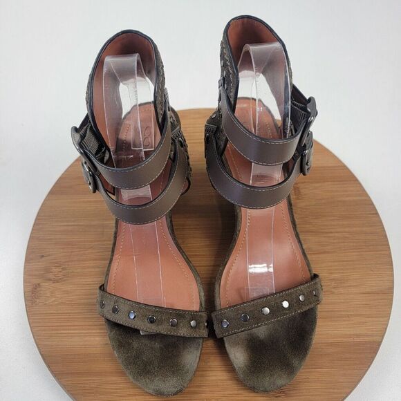 Coach Odessa Leather Suede Wedge 8.5 B Olive Green Buckle 2 Strap Heels‎ - Picture 3 of 16